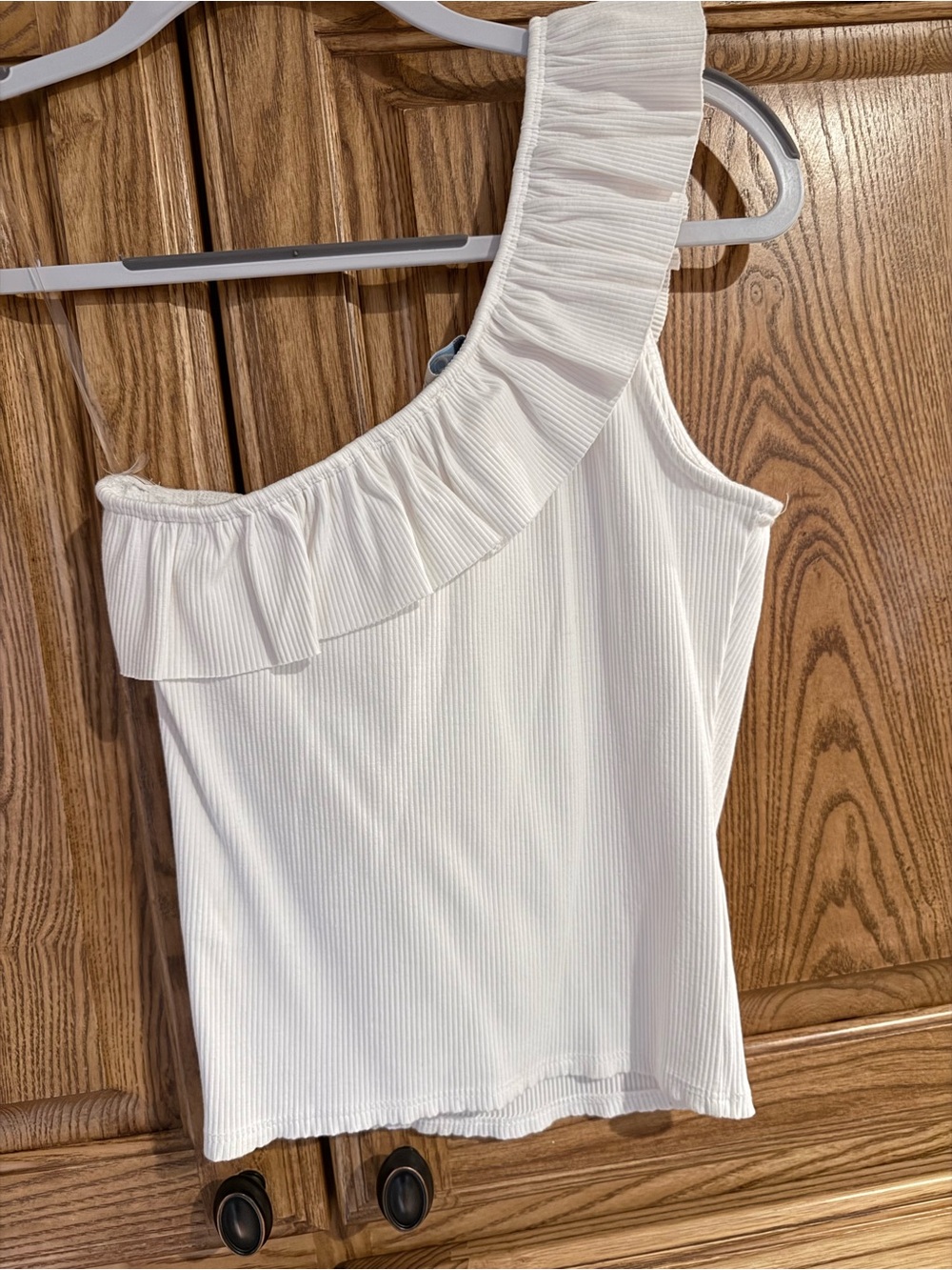One-Shoulder Ruffle White Ribbed Tank - Picture 2 of 3